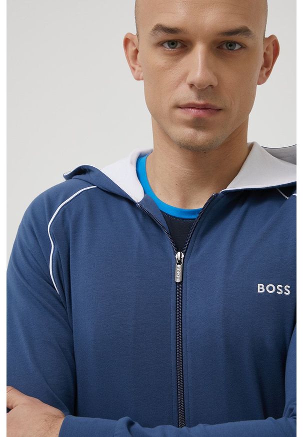 BOSS bluza męska kolor granatowy z kapturem gładka. Okazja: na co dzień. Typ kołnierza: kaptur. Kolor: niebieski. Wzór: gładki. Styl: casual