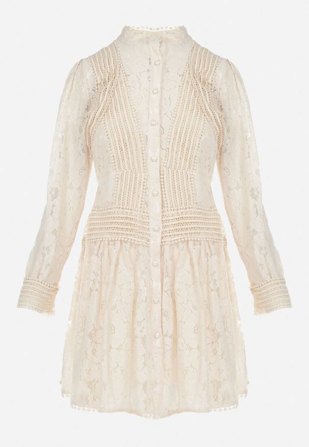 Born2be - Jasnobeżowa Koszulowa Sukienka z Koronką Jolley. Kolor: beżowy. Materiał: koronka. Długość rękawa: długi rękaw. Wzór: koronka. Typ sukienki: koszulowe. Długość: mini