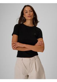 4f - 4F T-shirt slim prążkowany damski - czarny XS. Okazja: na co dzień. Kolor: czarny. Materiał: prążkowany. Styl: casual, klasyczny #1