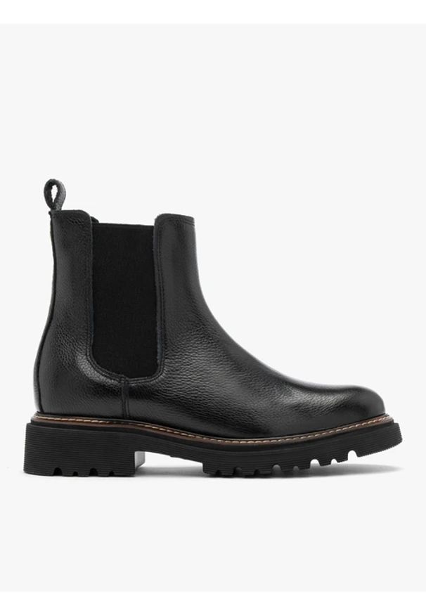 Ryłko - Czarne sztyblety na traktorowej podeszwie z kontrastowym otokiem. Nosek buta: okrągły. Kolor: czarny. Materiał: skóra. Szerokość cholewki: normalna. Styl: street