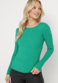 Born2be - Zielony Sweter z Prążkowanej Dzianiny z Metalową Ozdobą Klunna. Kolor: zielony. Materiał: dzianina, prążkowany. Długość rękawa: długi rękaw. Długość: długie. Wzór: aplikacja. Styl: klasyczny #4