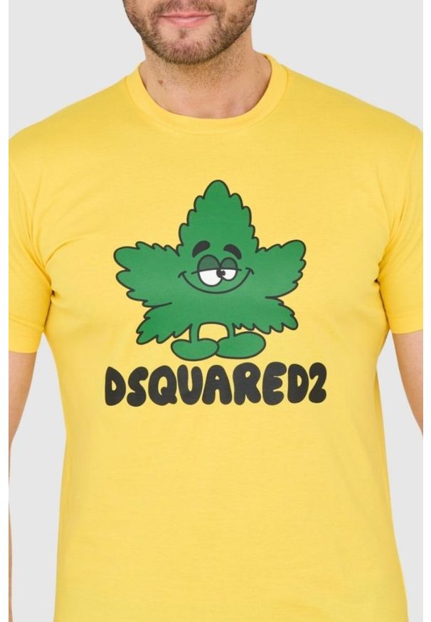 DSQUARED2 Żółty męski t-shirt z logo i zielonym liściem, Rozmiar S. Kolor: żółty