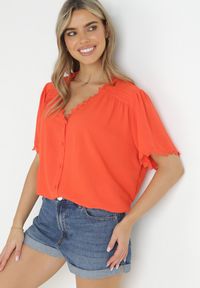Born2be - Pomarańczowa Koszula z Koronką Hannali. Kolor: pomarańczowy. Materiał: koronka. Wzór: koronka #1