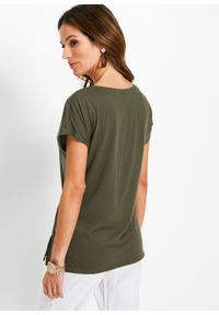 Długi shirt z cekinami bonprix ciemnooliwkowy. Kolor: zielony. Długość: długie. Styl: elegancki #6