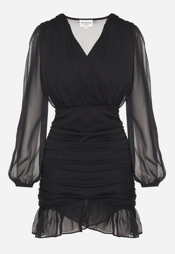 Born2be - Czarna Sukienka z Tiulowymi Rękawami i Marszczeniem Halanelia. Okazja: na co dzień. Typ kołnierza: dekolt kopertowy. Kolor: czarny. Materiał: tiul. Typ sukienki: kopertowe, proste. Styl: klasyczny, casual, elegancki