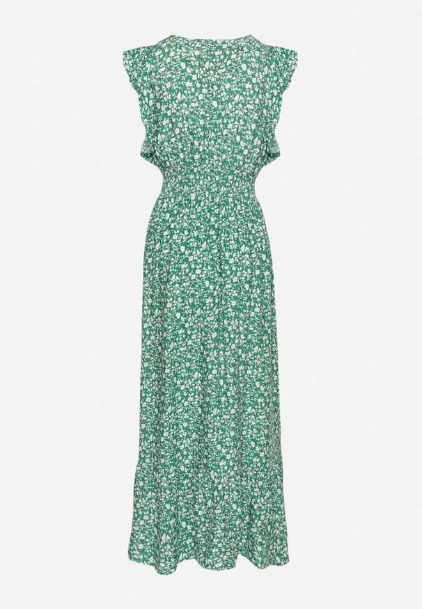 Born2be - Zielona Sukienka o Rozkloszowanym Kroju z Falbankami w Kwiatowy Wzór Aravisse. Okazja: na co dzień. Typ kołnierza: kołnierz z falbankami. Kolor: zielony. Wzór: kwiaty. Styl: casual, elegancki