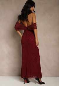 Renee - Bordowa Sukienka o Asymetrycznym Kroju Ozdobiona Falbaną Owedia. Kolor: czerwony. Materiał: poliester. Wzór: aplikacja. Typ sukienki: asymetryczne. Styl: elegancki #5