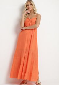 Born2be - Pomarańczowa Sukienka z Bawełną na Regulowanych Ramiączkach z Elastyczną Gumką na Plecach Tinathias. Okazja: na co dzień, na spacer. Kolor: pomarańczowy. Materiał: bawełna. Długość rękawa: na ramiączkach. Sezon: lato. Typ sukienki: proste. Styl: klasyczny, casual #4