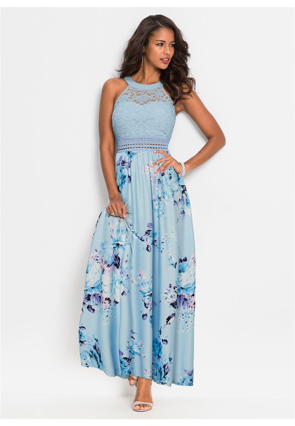 bonprix - Sukienka z dżerseju. Kolor: niebieski. Materiał: jersey, koronka. Wzór: nadruk, aplikacja, kwiaty, koronka. Sezon: lato