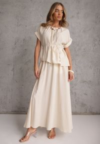 Renee - Beżowy Rustykalny Komplet z Lnem i Wiskozą Spódnica i Bluzka-Nietoperz Lilinney. Kolor: beżowy. Materiał: wiskoza, len #1