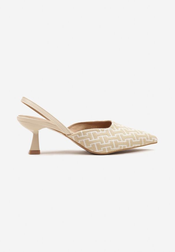 Renee - Beżowe Sandały na Kaczuszce z Geometrycznym Wzorem Arriretta. Okazja: na co dzień. Kolor: beżowy. Wzór: geometria. Obcas: na szpilce. Styl: casual, elegancki, klasyczny. Wysokość obcasa: średni