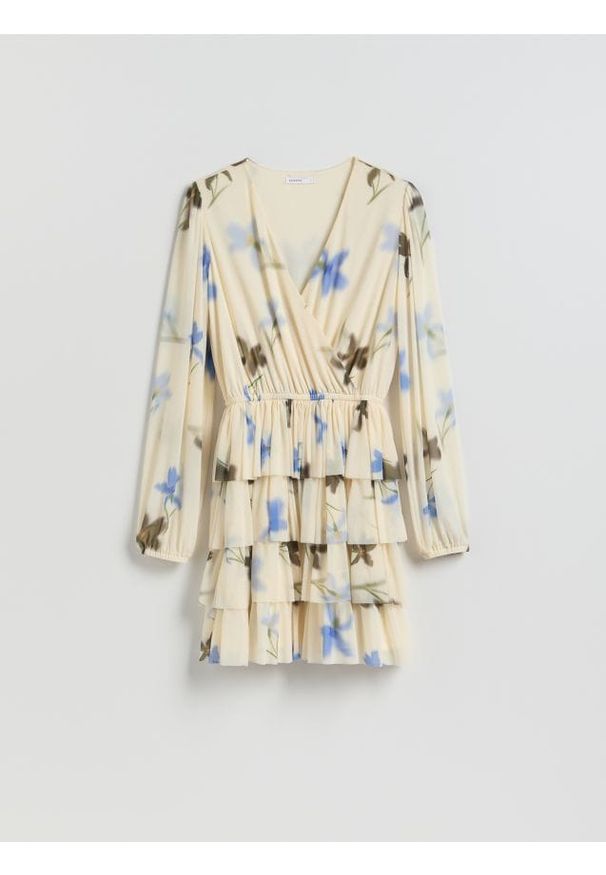 Reserved - Sukienka mini z falbanami - wielobarwny. Materiał: dzianina. Długość: mini