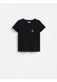 Reserved - Bawełniany T-shirt z haftem - czarny. Kolor: czarny. Materiał: bawełna. Wzór: haft #1
