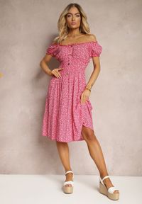 Renee - Fuksjowa Kwiecista Sukienka z Bawełny z Gumkami w Pasie Herata. Kolor: różowy. Materiał: bawełna. Sezon: lato #5