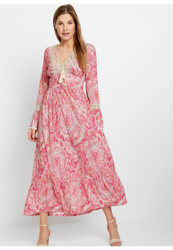 bonprix - Sukienka z dżerseju. Kolor: różowy. Materiał: jersey. Długość: maxi