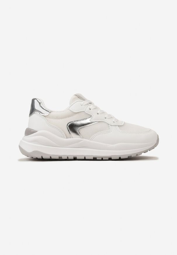 Born2be - Biało-Srebrne Sneakersy na Płaskiej Podeszwie z Ozdobnymi Wstawkami Aizra. Kolor: biały. Obcas: na płaskiej podeszwie