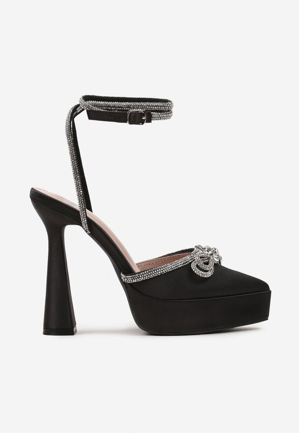 Born2be - Czarne Sandały na Geometrycznym Słupku i Platformie z Kokardką i Cyrkoniami Vepasrer. Kolor: czarny. Wzór: geometria. Obcas: na platformie. Styl: elegancki. Wysokość obcasa: średni