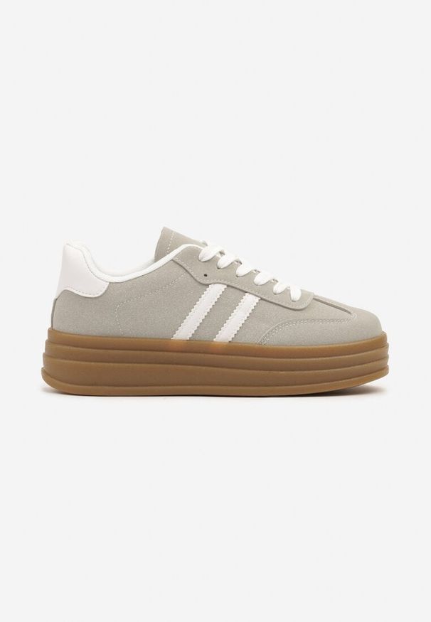 Born2be - Beżowo-Szare Sneakersy Tenisówki z Ozdobnymi Paskami Mirnelis. Okazja: na co dzień. Nosek buta: okrągły. Zapięcie: pasek. Kolor: beżowy. Materiał: jeans. Obcas: na płaskiej podeszwie