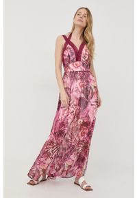 Guess sukienka kolor różowy maxi rozkloszowana. Kolor: różowy. Materiał: tkanina, poliester, koronka. Długość rękawa: na ramiączkach. Długość: maxi #2