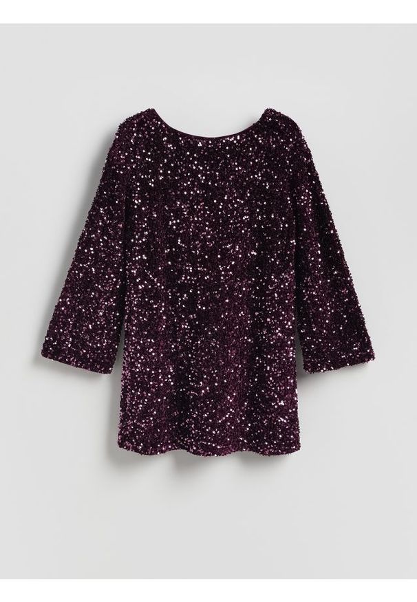 Reserved - Sukienka mini z kokardą - ciemnofioletowy. Typ kołnierza: kokarda. Kolor: fioletowy. Materiał: dzianina. Typ sukienki: proste. Długość: mini