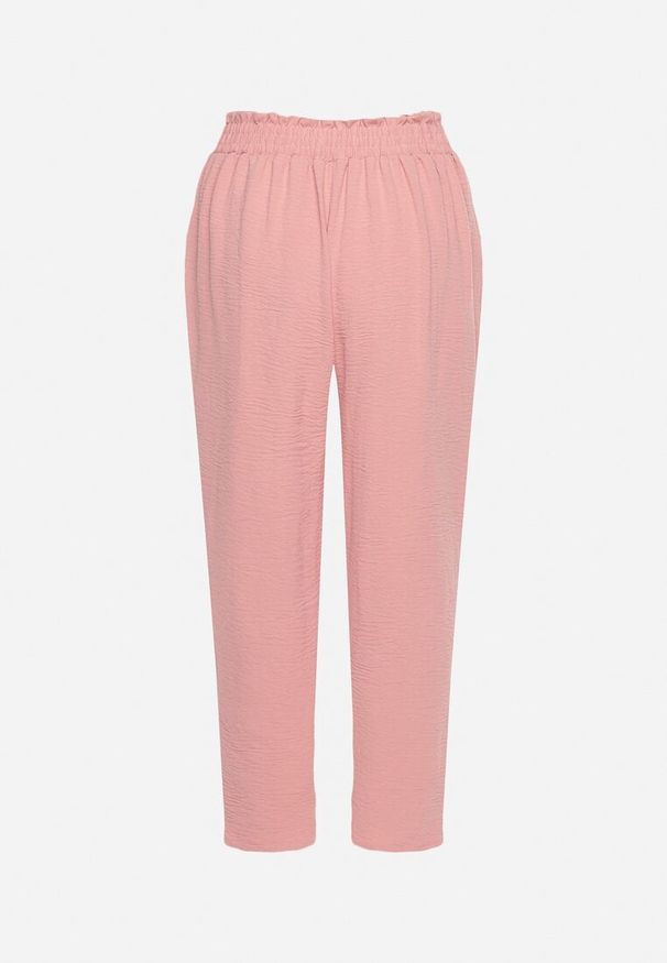 Born2be - Ciemnoróżowe Spodnie z Elastyczną Gumką w Talii i Wysokim Stanem Ozdobione Wiązaniem w Pasie Dimity. Okazja: na co dzień. Stan: podwyższony. Kolor: różowy. Wzór: aplikacja. Styl: elegancki, casual