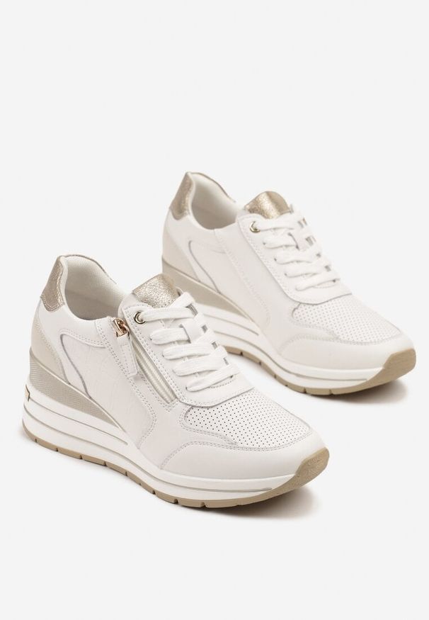 Renee - Białe Sneakersy Skórzane na Koturnie z Ozdobnym Suwakiem Xorivna. Okazja: na co dzień. Kolor: biały. Materiał: skóra. Obcas: na koturnie