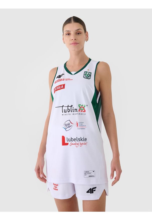 4f - 4F Koszulka meczowa replika domowa z sezonu 2024/25 damska 4F x AZS UMCS Lublin - multikolor L. Typ kołnierza: dekolt w serek. Kolor: wielokolorowy. Materiał: dzianina, włókno, materiał, syntetyk. Wzór: geometria, gładki, ze splotem. Sport: koszykówka, fitness