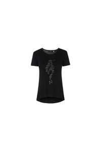 Ochnik - Czarny T-shirt damski z aplikacją. Kolor: czarny. Materiał: wiskoza. Wzór: aplikacja. Sezon: lato, zima. Styl: elegancki