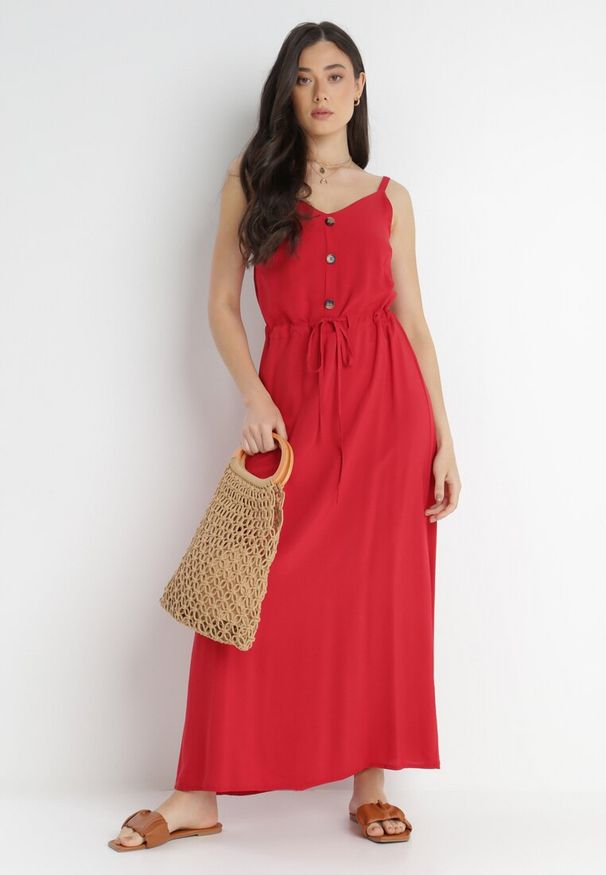 Born2be - Bordowa Sukienka z Wiskozy Xelpiroe. Okazja: na co dzień. Kolor: czerwony. Wzór: gładki, aplikacja. Typ sukienki: proste. Materiał: wiskoza. Długość rękawa: na ramiączkach. Sezon: lato. Styl: casual. Długość: maxi