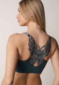 Born2be - Ciemnozielony Biustonosz z Koronką w Cyrkonie Liurada. Kolor: zielony. Materiał: koronka. Rodzaj stanika: wyciągane miseczki. Wzór: koronka #2