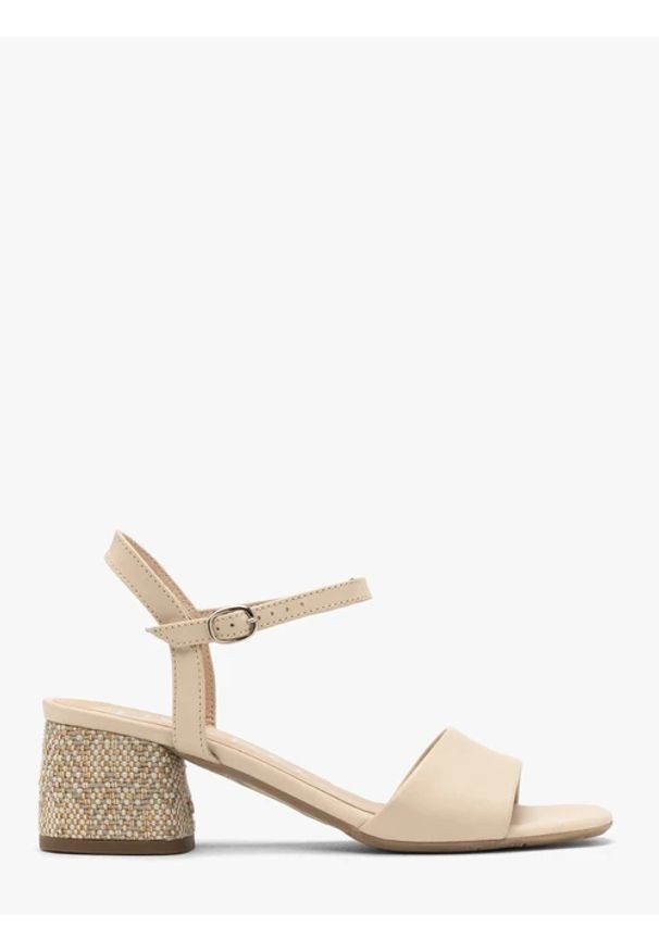 Ryłko - Beżowe sandały na dekoracyjnie obleczonym obcasie. Kolor: beżowy. Materiał: skóra. Obcas: na obcasie. Styl: street. Wysokość obcasa: średni