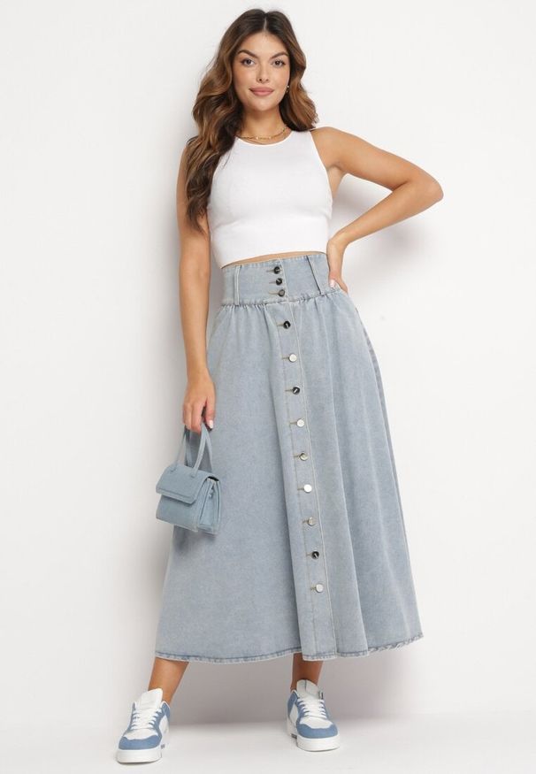 Born2be - Jasnoniebieska Spódnica Jeansowa Maxi z Bawełny Nicollta. Kolor: niebieski. Materiał: bawełna, jeans