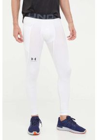 Under Armour legginsy treningowe męskie kolor biały gładkie. Kolor: biały. Materiał: skóra, materiał. Wzór: gładki #1