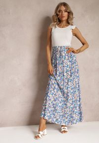 Renee - Niebieska Bawełniana Spódnica Maxi z Troczkiem i Printem w Kwiaty Yibji. Kolor: niebieski. Materiał: bawełna. Wzór: kwiaty, nadruk. Styl: boho #2