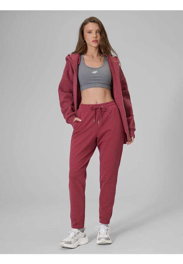 4f - 4F Bluza dresowa regular z kapturem damska - burgundowy L. Okazja: na co dzień. Typ kołnierza: kaptur. Kolor: czerwony. Materiał: dresówka. Styl: casual
