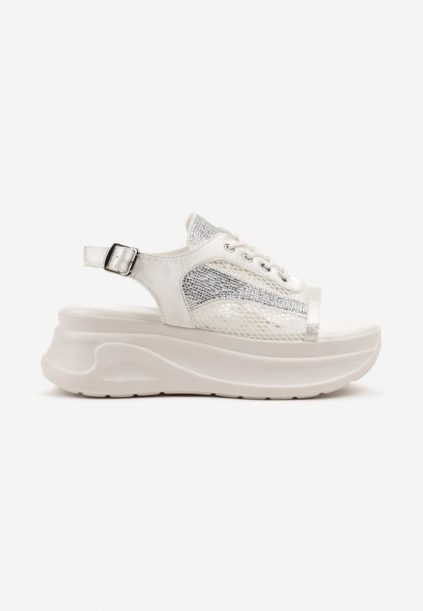 Renee - Białe Sandały na Platformie w Stylu Sneakersów Peep Toe Sorezia. Okazja: na co dzień. Nosek buta: otwarty. Kolor: biały. Materiał: jeans. Obcas: na platformie. Styl: klasyczny, elegancki, casual