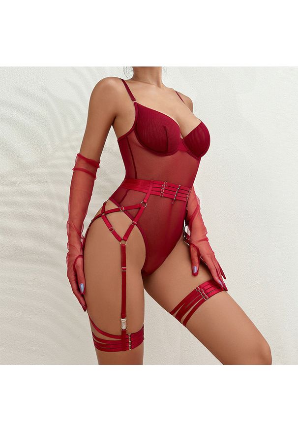 Intica - Body z pasem do pończoch z regulowanymi paskami bielizna damska Naydenka. Kolor: czerwony. Materiał: materiał. Wzór: paski