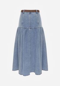 Renee - Niebieska Jeansowa Spódnica z Bawełny Ozdobiona Paskiem z Plecionki Ocearos. Okazja: na co dzień. Kolor: niebieski. Materiał: bawełna, jeans. Wzór: aplikacja. Styl: elegancki, casual #6
