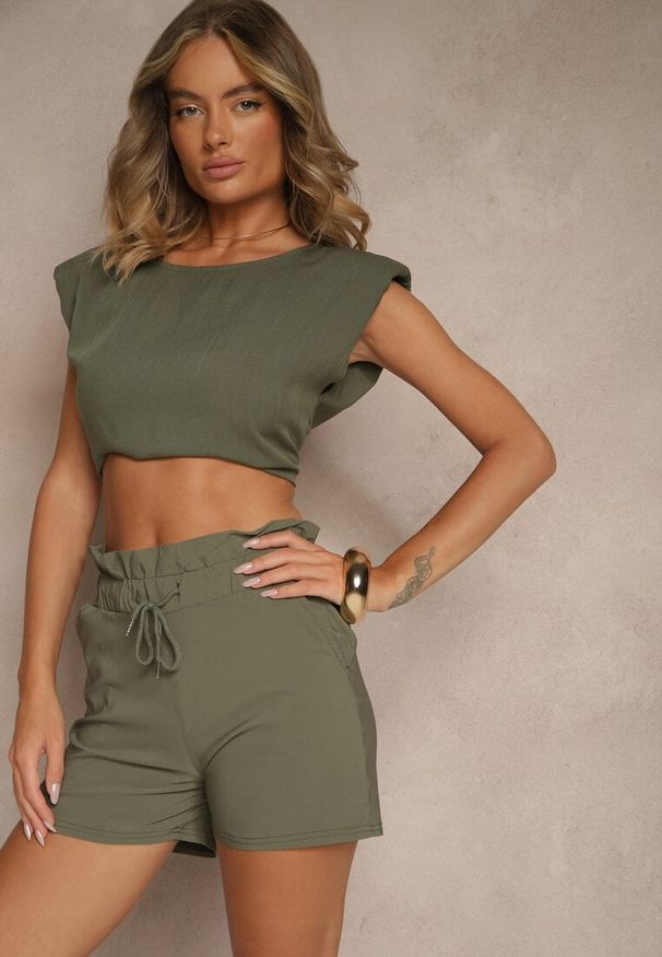Renee - Zielone Szorty z Bawełną High Waist z Ozdobnym Sznurkiem Axemia. Okazja: na co dzień, na spacer. Stan: podwyższony. Kolor: zielony. Materiał: bawełna. Sezon: lato. Styl: sportowy, elegancki, casual