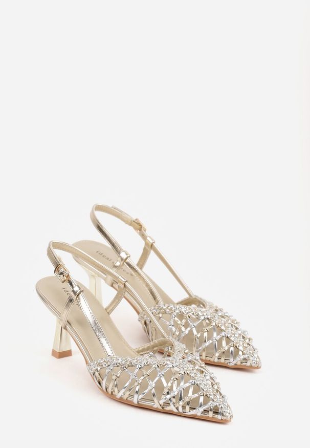 Renee - Złote Sandały na Szpilce z Ażurową Szydełkową Cholewką Navioil. Zapięcie: pasek. Kolor: złoty. Materiał: satyna, len. Szerokość cholewki: normalna. Wzór: ażurowy. Obcas: na szpilce. Wysokość obcasa: średni