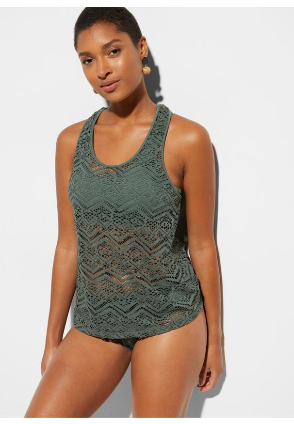 bonprix - Tankini (2 części). Kolor: zielony. Materiał: materiał, koronka. Wzór: koronka