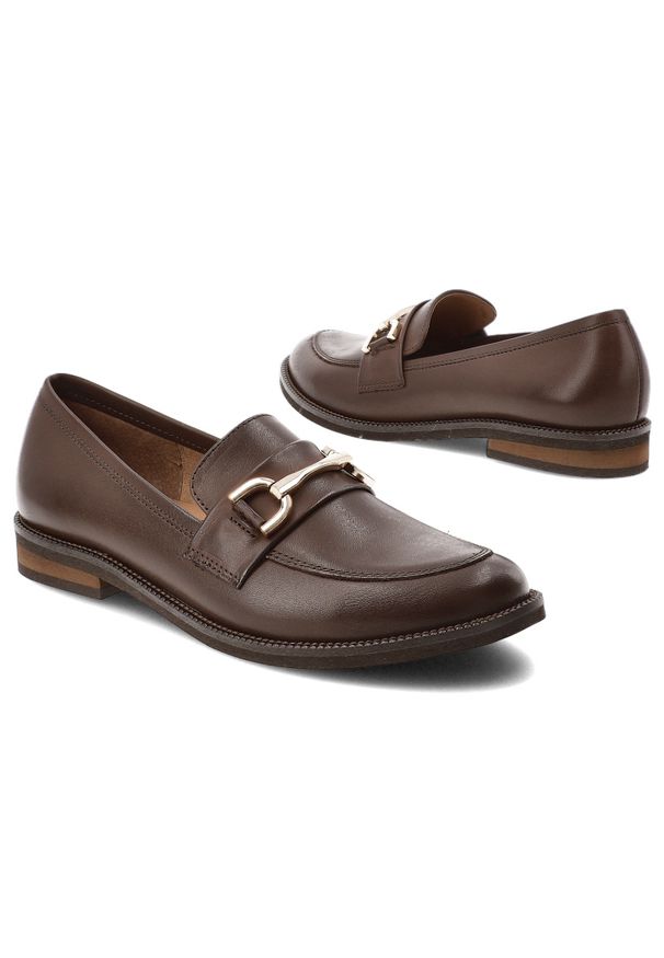 Brązowe Półbuty Armodo Eleganckie Mokasyny Damskie. Okazja: na spotkanie biznesowe, do pracy. Kolor: brązowy. Materiał: materiał, skóra. Wzór: aplikacja, gładki. Obcas: na obcasie. Styl: elegancki. Wysokość obcasa: niski