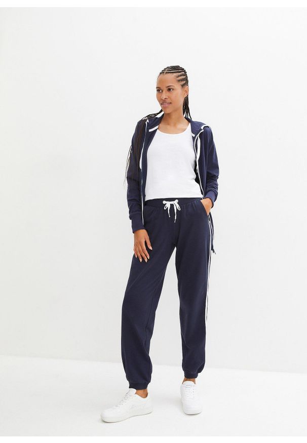 bonprix - Spodnie sportowe z bawełny, dł. do kostki. Kolor: niebieski. Materiał: bawełna. Styl: sportowy