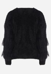 Born2be - Czarny Puchaty Kardigan Wykończony Perełkami i Piórami Mavanora. Kolor: czarny. Materiał: wełna, jeans. Wzór: aplikacja. Styl: klasyczny #5