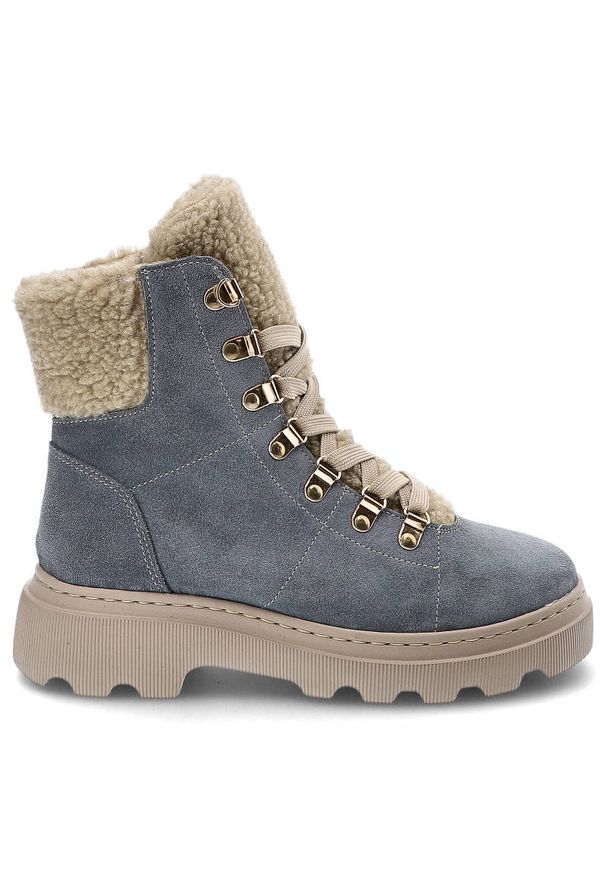 Niebieskie Botki Kampa Damskie Ocieplane Obuwie. Kolor: niebieski. Materiał: zamsz, futro, syntetyk, welur. Szerokość cholewki: normalna. Sezon: zima. Obcas: na obcasie. Styl: elegancki. Wysokość obcasa: niski