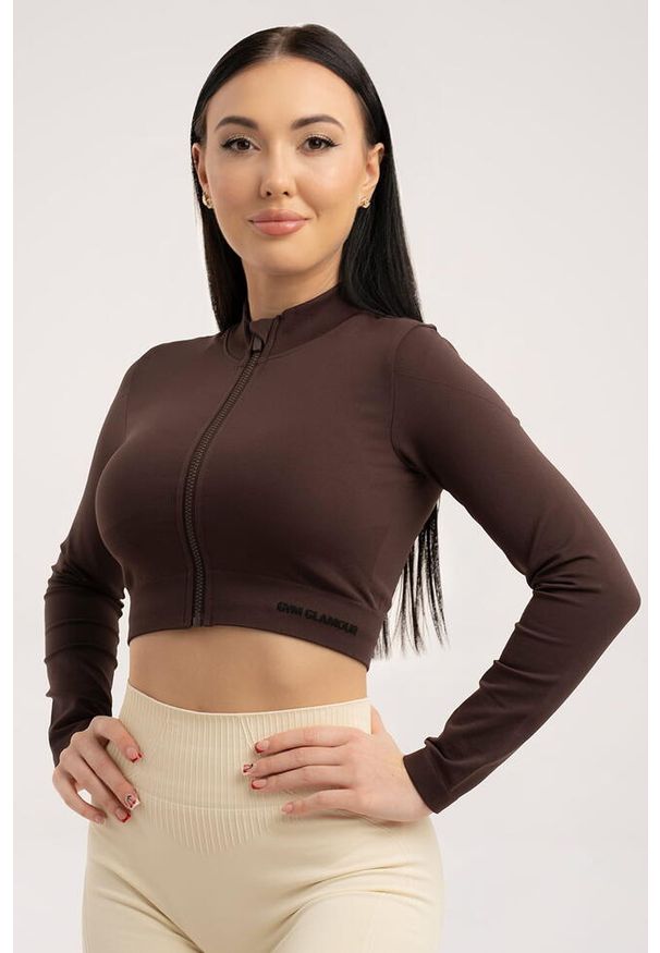 GYM GLAMOUR - Bluza fitness damska Gym Glamour bezszwowa rozpinana. Kolor: brązowy. Sport: fitness