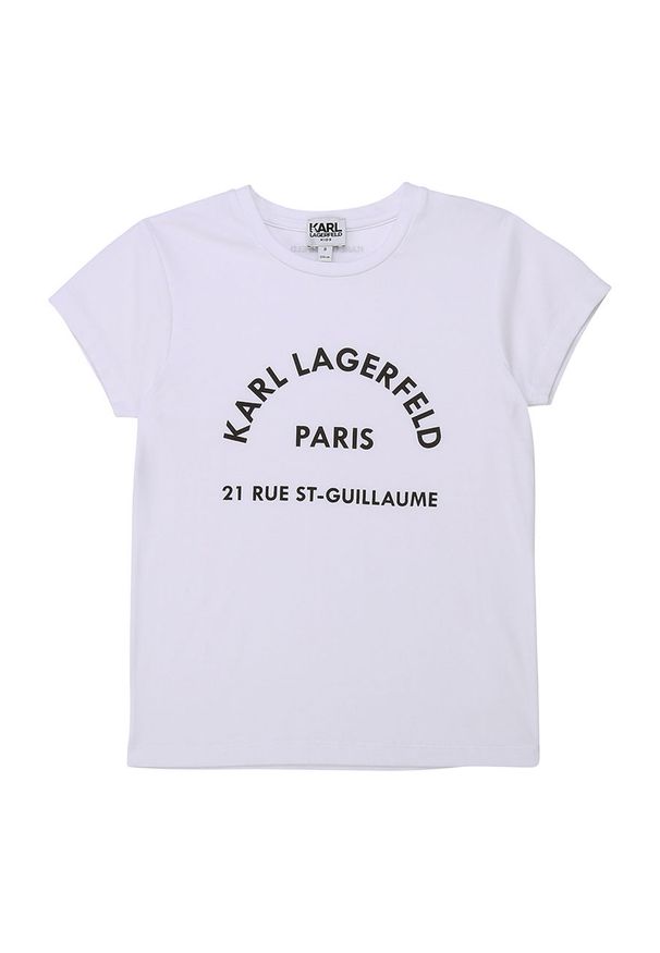 Karl Lagerfeld - T-shirt dziecięcy. Okazja: na co dzień. Kolor: biały. Materiał: bawełna, materiał, dzianina, elastan. Długość rękawa: krótki rękaw. Długość: krótkie. Wzór: nadruk. Styl: casual, klasyczny