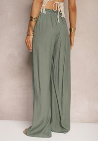 Renee - Ciemnozielone Szerokie Spodnie z Wiskozy i Gumką w Pasie Abyga. Kolor: zielony. Materiał: wiskoza #4
