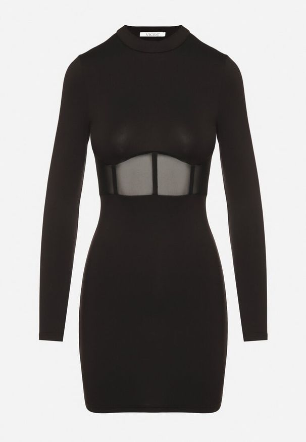 Born2be - Czarna Dopasowana Sukienka Vices Ozdobiona Gorsetową Przezroczystą Górą Axerne. Typ kołnierza: dekolt gorset. Kolor: czarny. Wzór: aplikacja. Typ sukienki: gorsetowe. Styl: klasyczny, elegancki