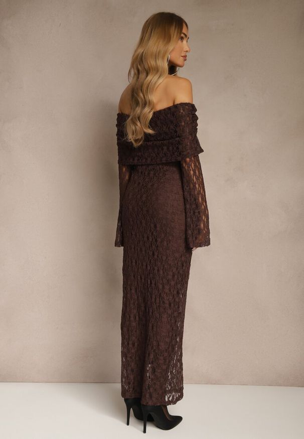 Renee - Brązowa Koronkowa Sukienka Koktajlowa z Odkrytymi Ramionami Eperria. Kolor: brązowy. Materiał: koronka. Typ sukienki: z odkrytymi ramionami. Styl: wizytowy. Długość: midi